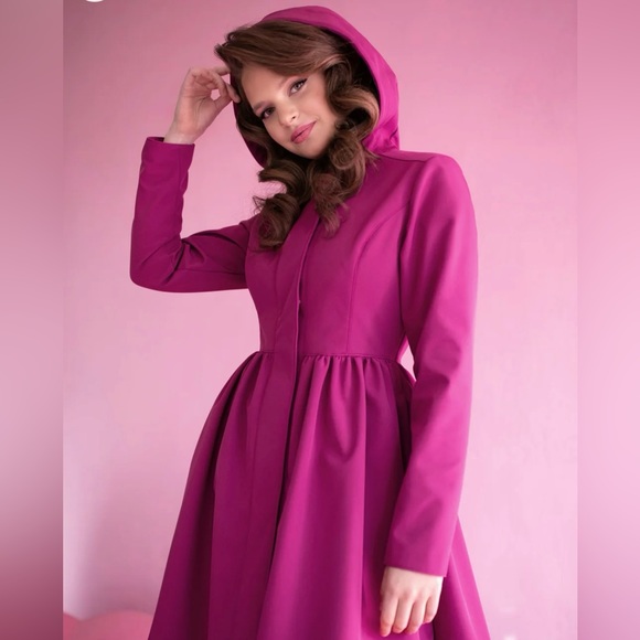 Women’s Fuchsia Pink Hooded Waterproof Button Up Peplum Rain Coat Dress - Picture 1 of 14